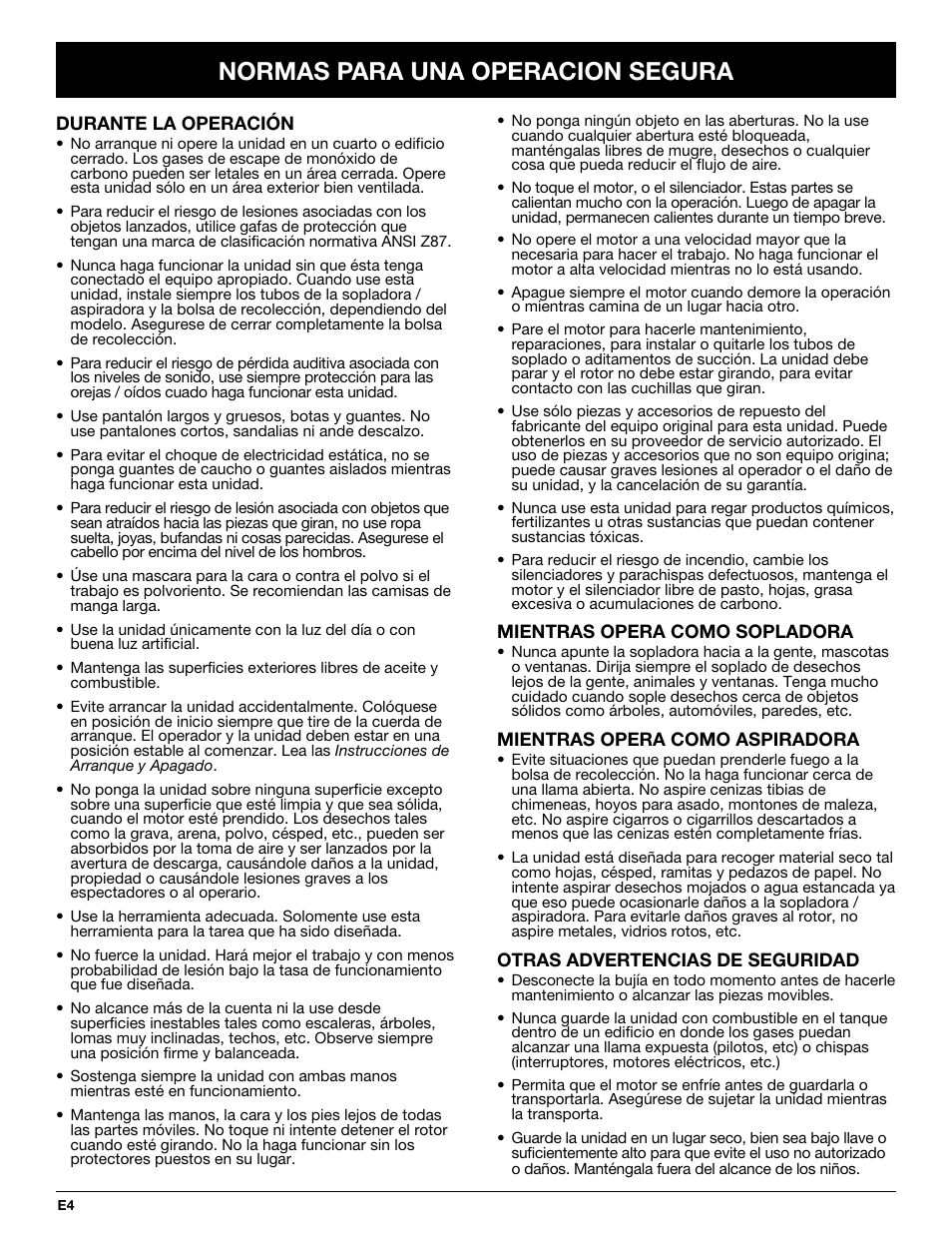 Normas para una operacion segura | Yard-Man YMGBV3100 User Manual | Page 52 / 72