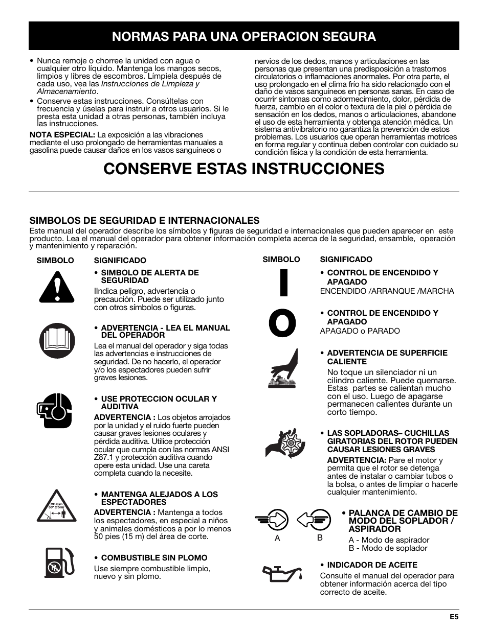 Conserve estas instrucciones, Normas para una operacion segura | Yard-Man YMGBV3100 User Manual | Page 53 / 72