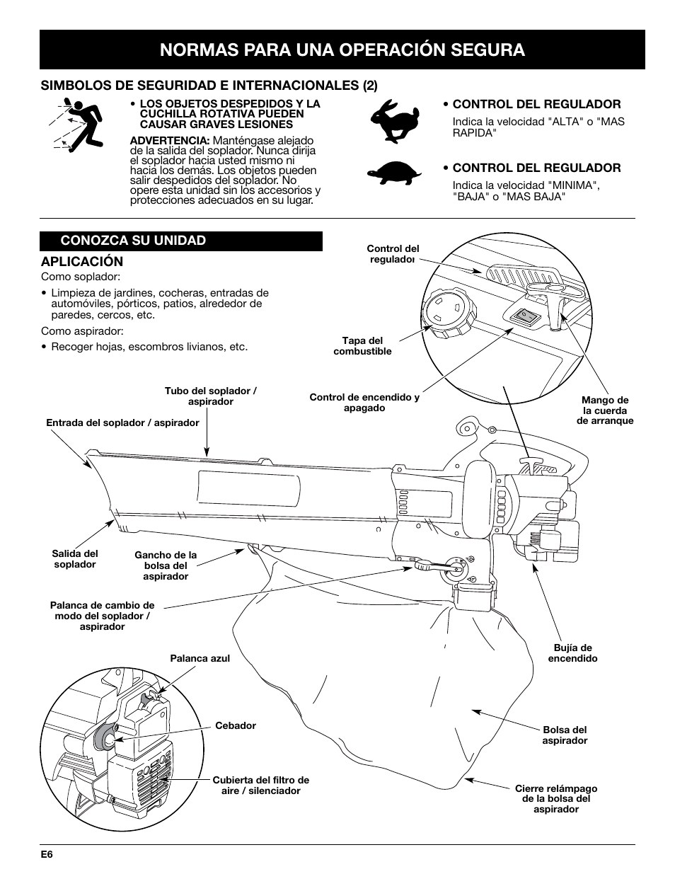 Normas para una operación segura | Yard-Man YMGBV3100 User Manual | Page 54 / 72