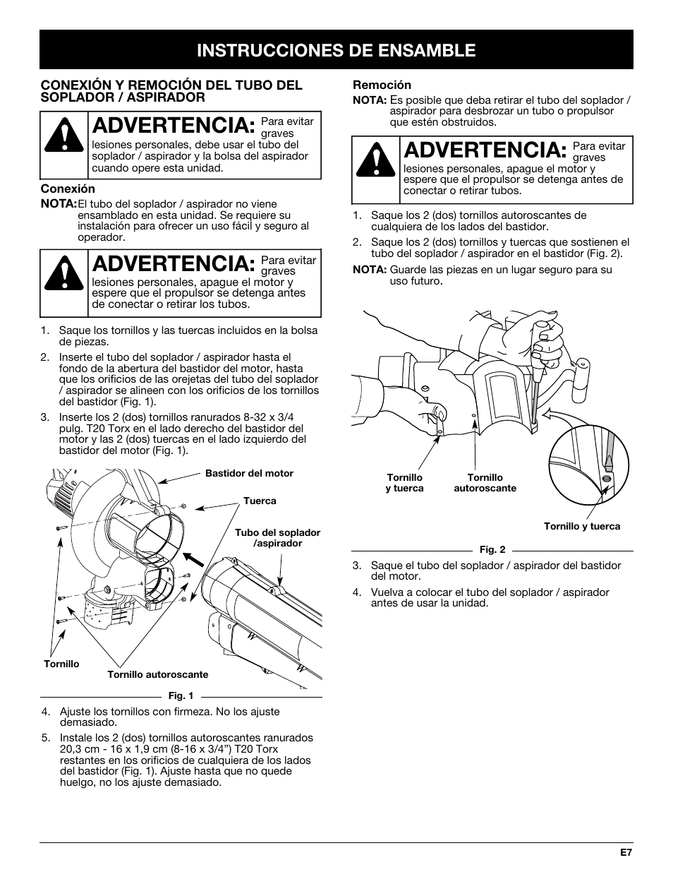 Advertencia, Instrucciones de ensamble | Yard-Man YMGBV3100 User Manual | Page 55 / 72