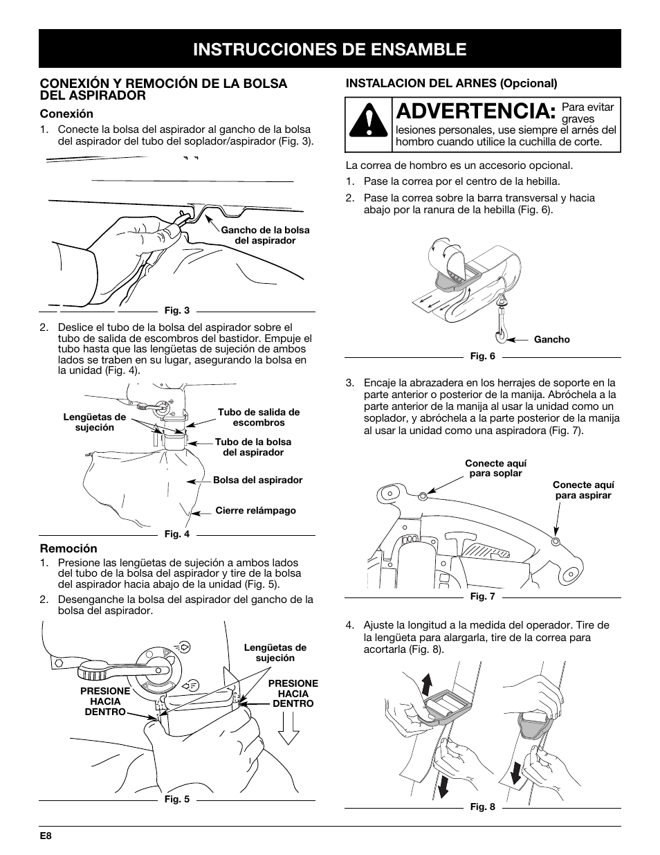 Advertencia, Instrucciones de ensamble | Yard-Man YMGBV3100 User Manual | Page 56 / 72