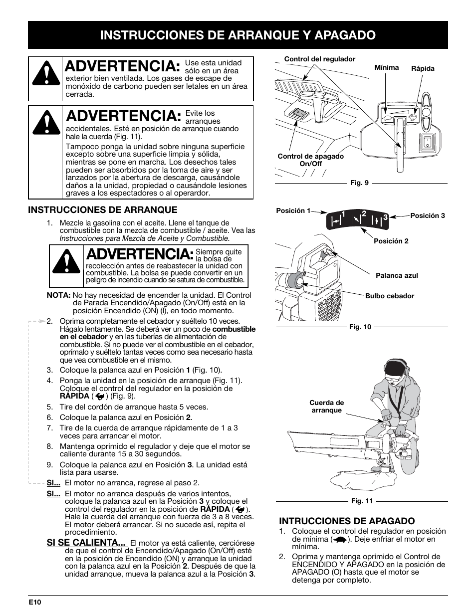 Advertencia, Instrucciones de arranque y apagado | Yard-Man YMGBV3100 User Manual | Page 58 / 72