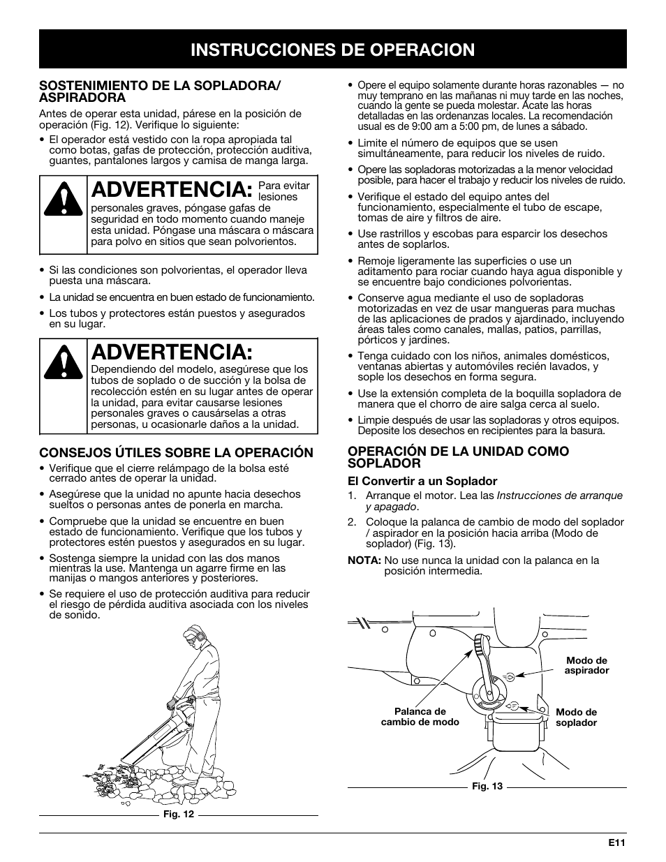 Advertencia, Instrucciones de operacion | Yard-Man YMGBV3100 User Manual | Page 59 / 72