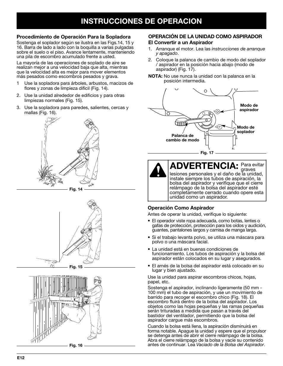 Advertencia, Instrucciones de operacion | Yard-Man YMGBV3100 User Manual | Page 60 / 72