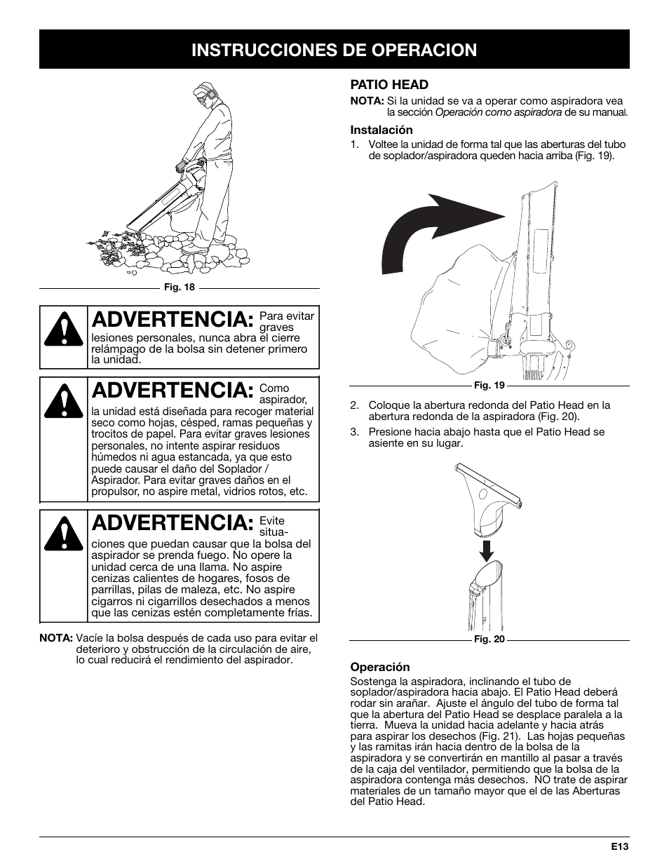 Advertencia, Instrucciones de operacion | Yard-Man YMGBV3100 User Manual | Page 61 / 72