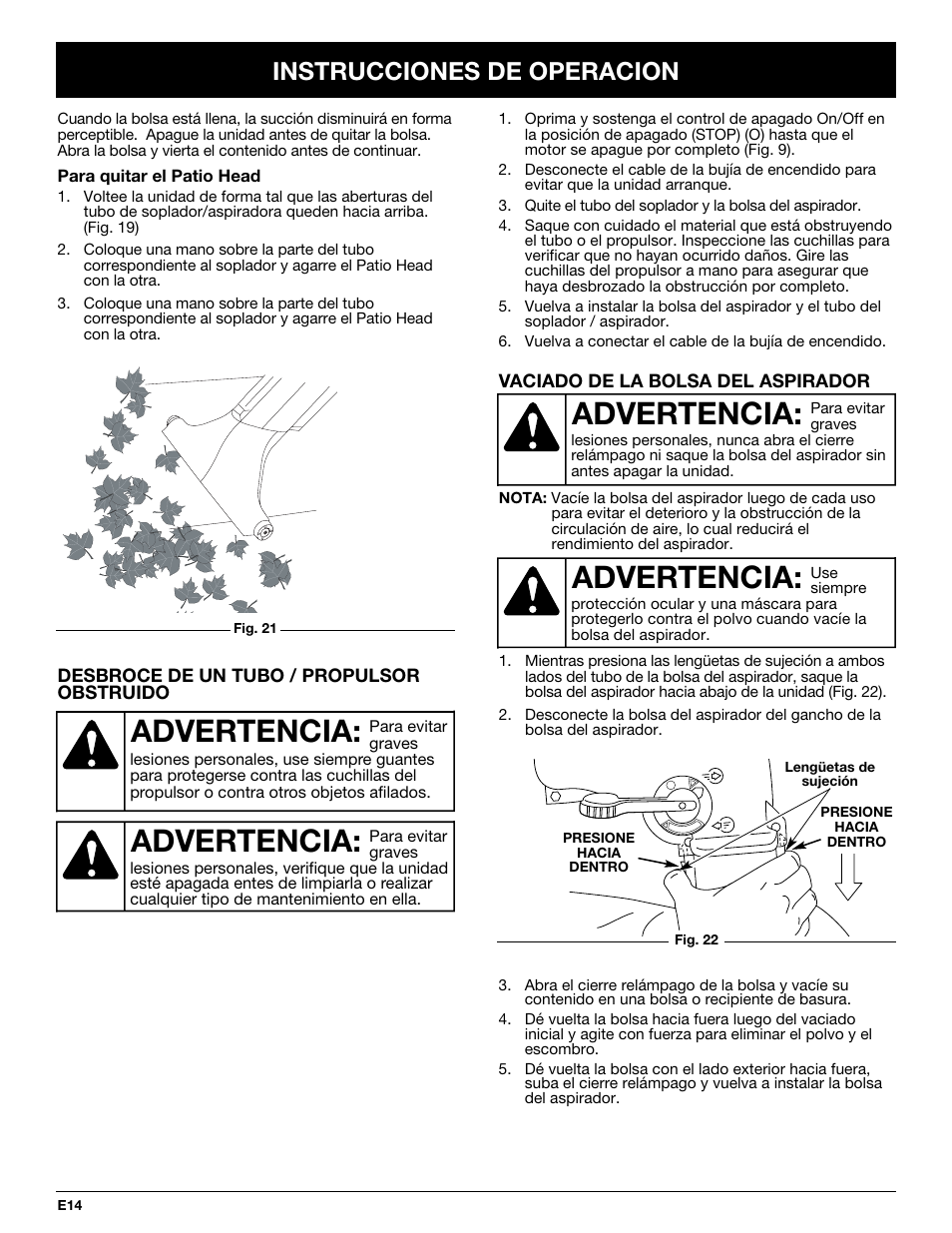Advertencia, Instrucciones de operacion | Yard-Man YMGBV3100 User Manual | Page 62 / 72