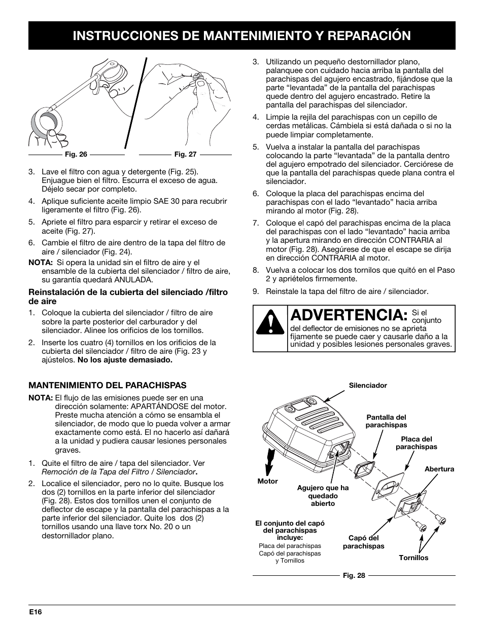 Advertencia, Instrucciones de mantenimiento y reparación | Yard-Man YMGBV3100 User Manual | Page 64 / 72