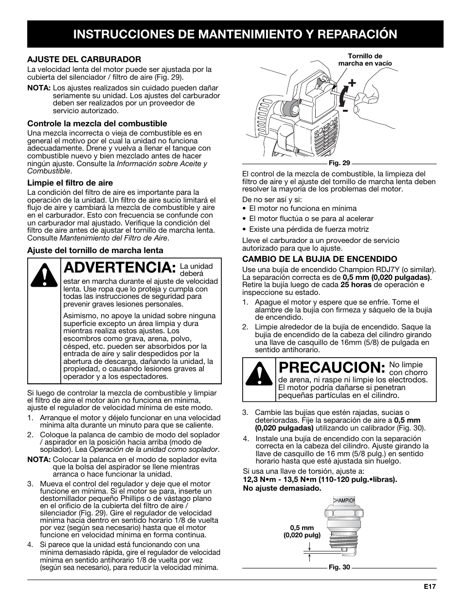 Advertencia, Precaucion, Instrucciones de mantenimiento y reparación | Yard-Man YMGBV3100 User Manual | Page 65 / 72