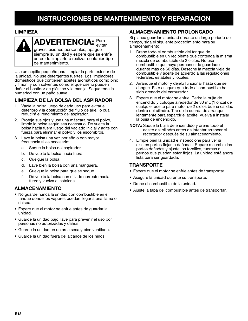 Advertencia, Instrucciones de mantenimiento y reparacion | Yard-Man YMGBV3100 User Manual | Page 66 / 72