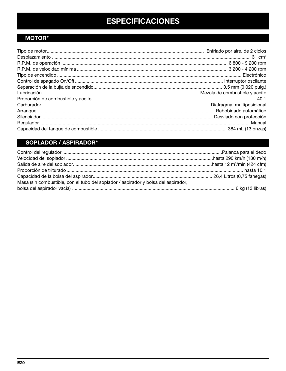 Especificaciones | Yard-Man YMGBV3100 User Manual | Page 68 / 72