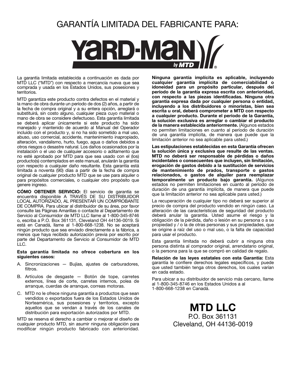 Mtd llc, Garantía limitada del fabricante para | Yard-Man YMGBV3100 User Manual | Page 72 / 72