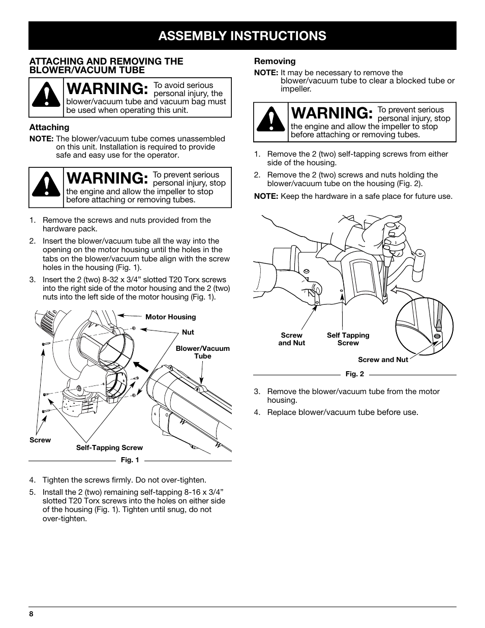 Warning, Assembly instructions | Yard-Man YMGBV3100 User Manual | Page 8 / 72