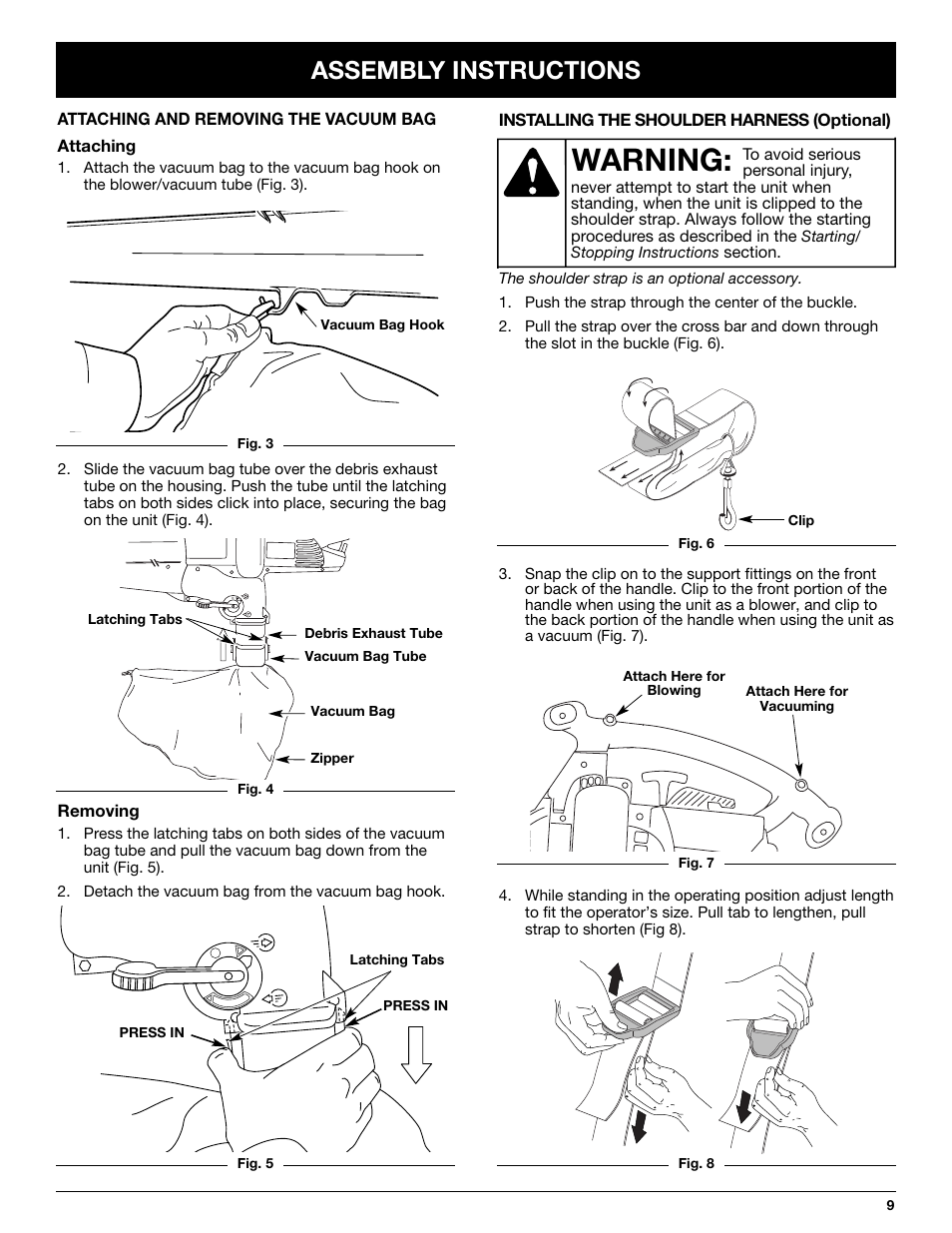 Warning, Assembly instructions | Yard-Man YMGBV3100 User Manual | Page 9 / 72