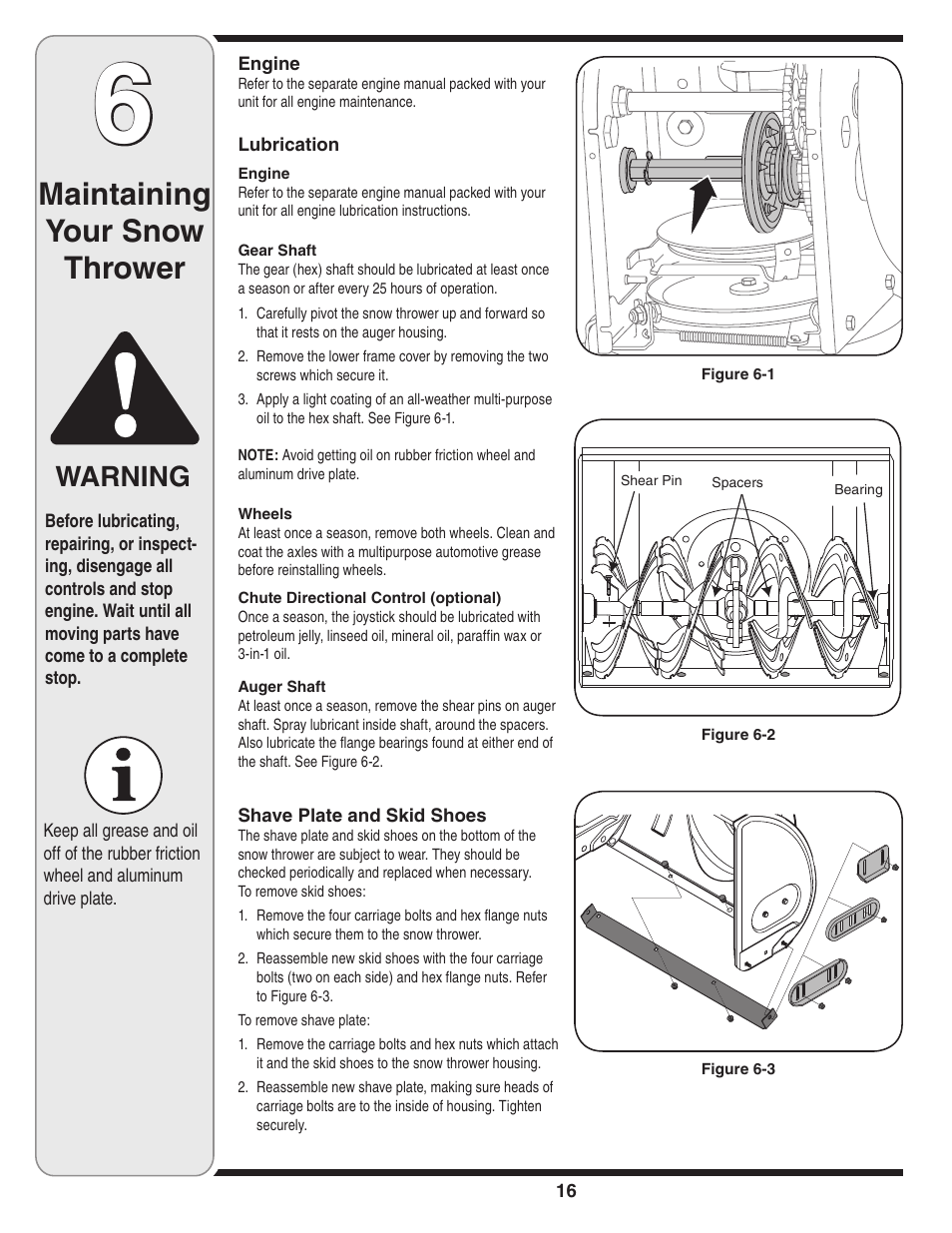 Maintaining your snow thrower, Warning | Yard-Man 769-03245 User Manual | Page 16 / 56