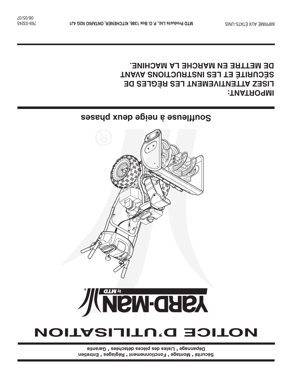 Notice d’utilisa tion, Souffleuse à neige deux phases | Yard-Man 769-03245 User Manual | Page 56 / 56