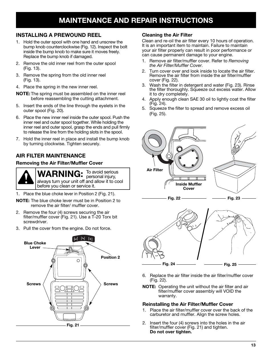 Warning, Maintenance and repair instructions | Yard-Man Y765 User Manual | Page 13 / 64
