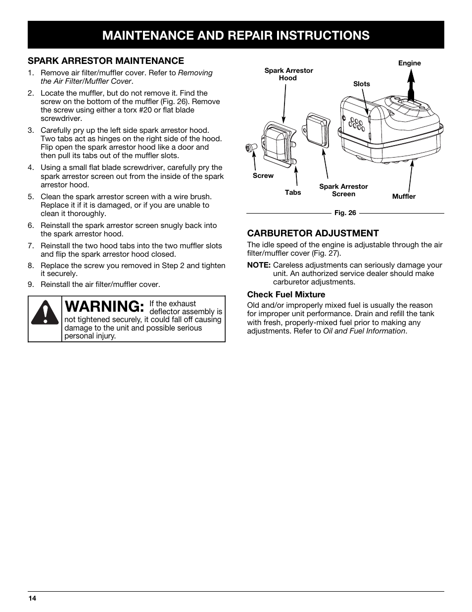 Warning, Maintenance and repair instructions | Yard-Man Y765 User Manual | Page 14 / 64