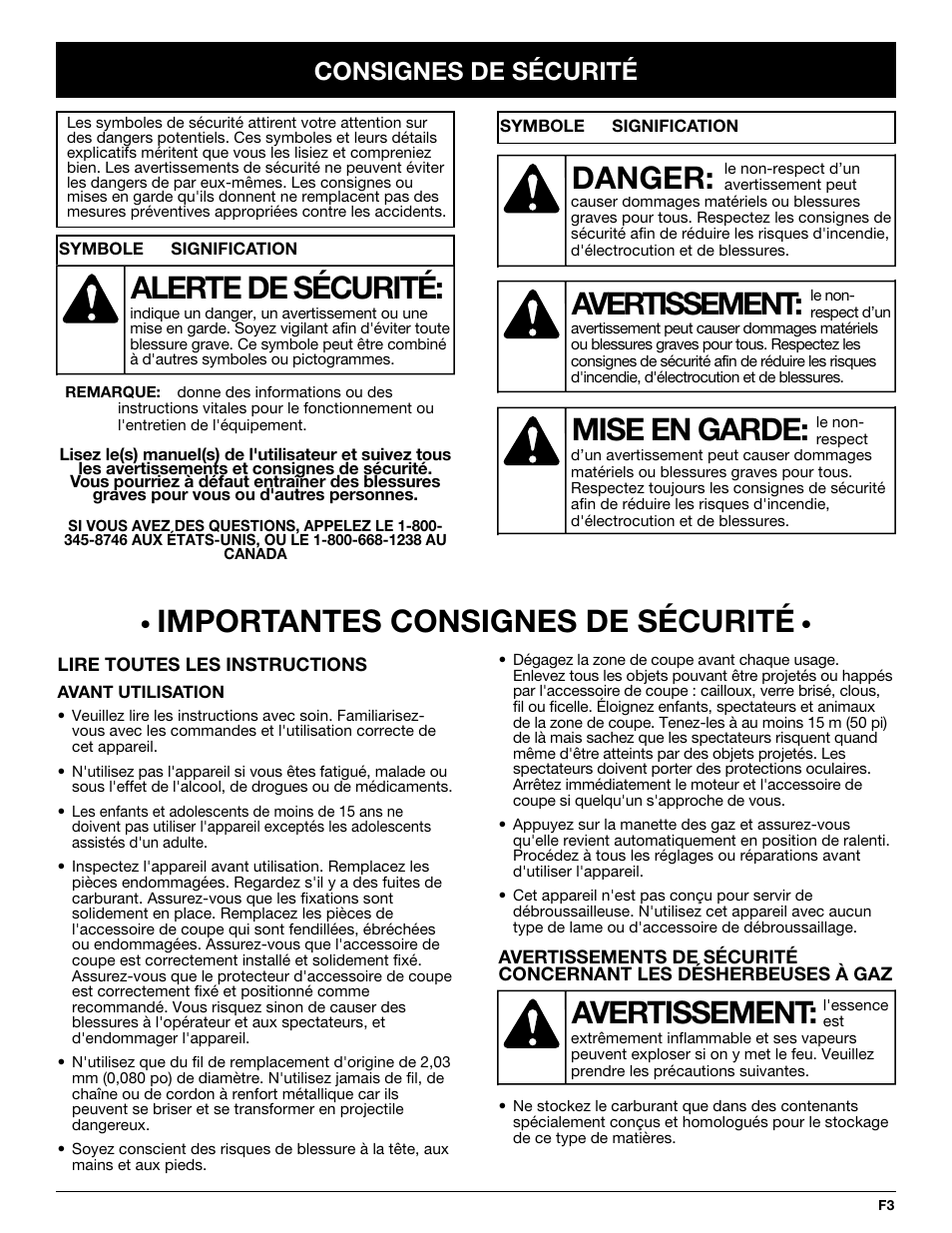 Importantes consignes de sécurité, Avertissement, Danger | Mise en garde, Alerte de sécurité, Consignes de sécurité | Yard-Man Y765 User Manual | Page 23 / 64