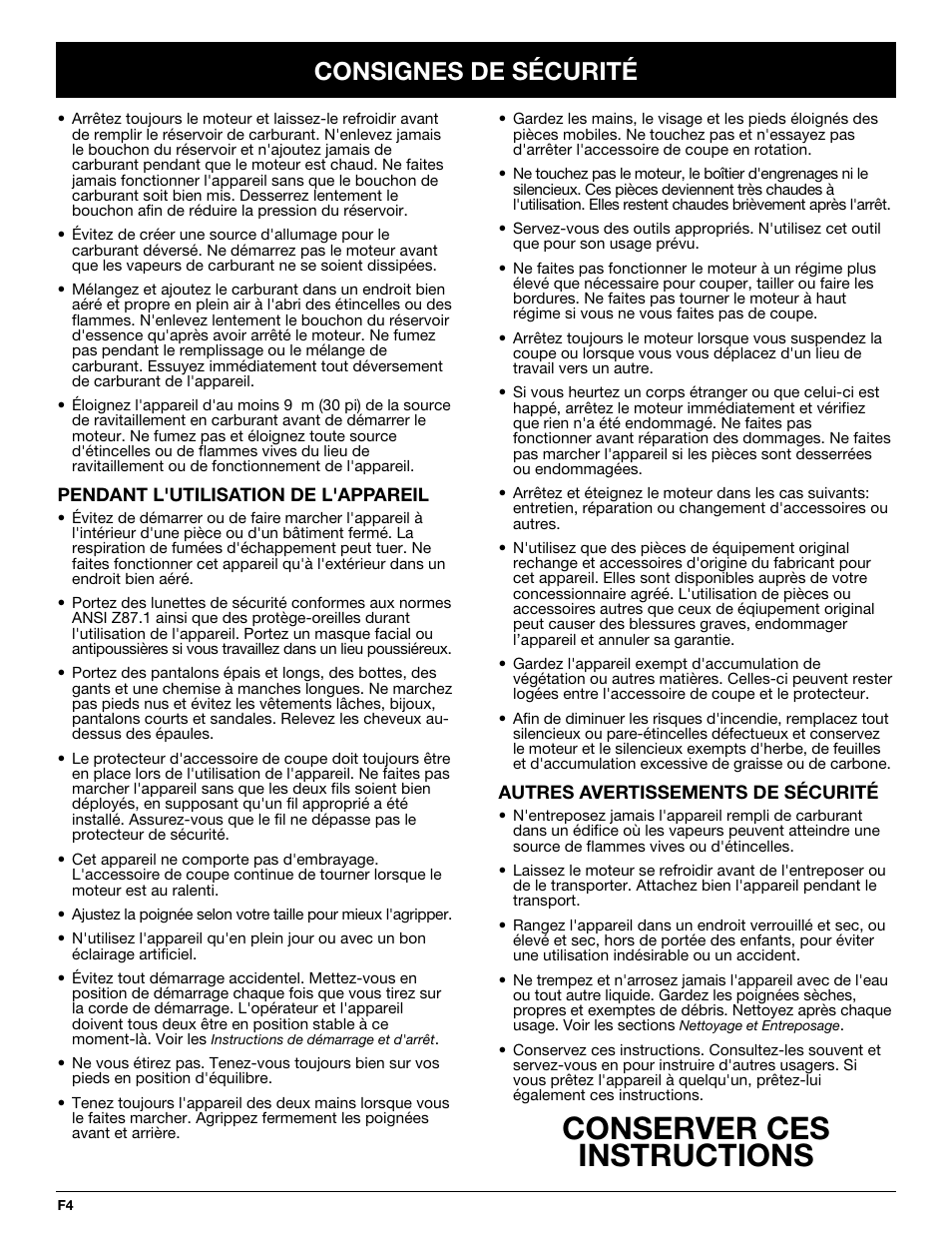 Conserver ces instructions, Consignes de sécurité | Yard-Man Y765 User Manual | Page 24 / 64