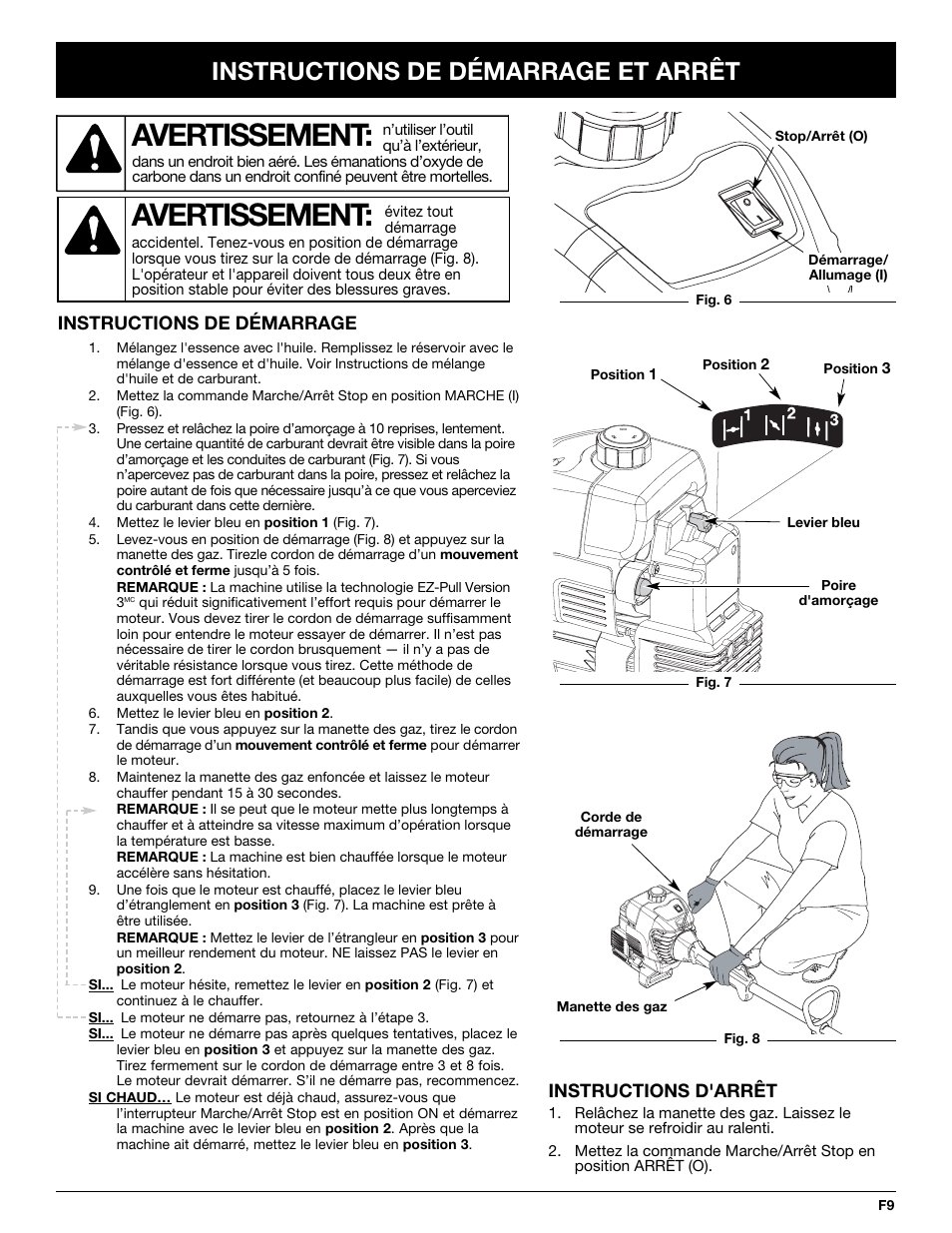 Avertissement, Instructions de démarrage et arrêt | Yard-Man Y765 User Manual | Page 29 / 64