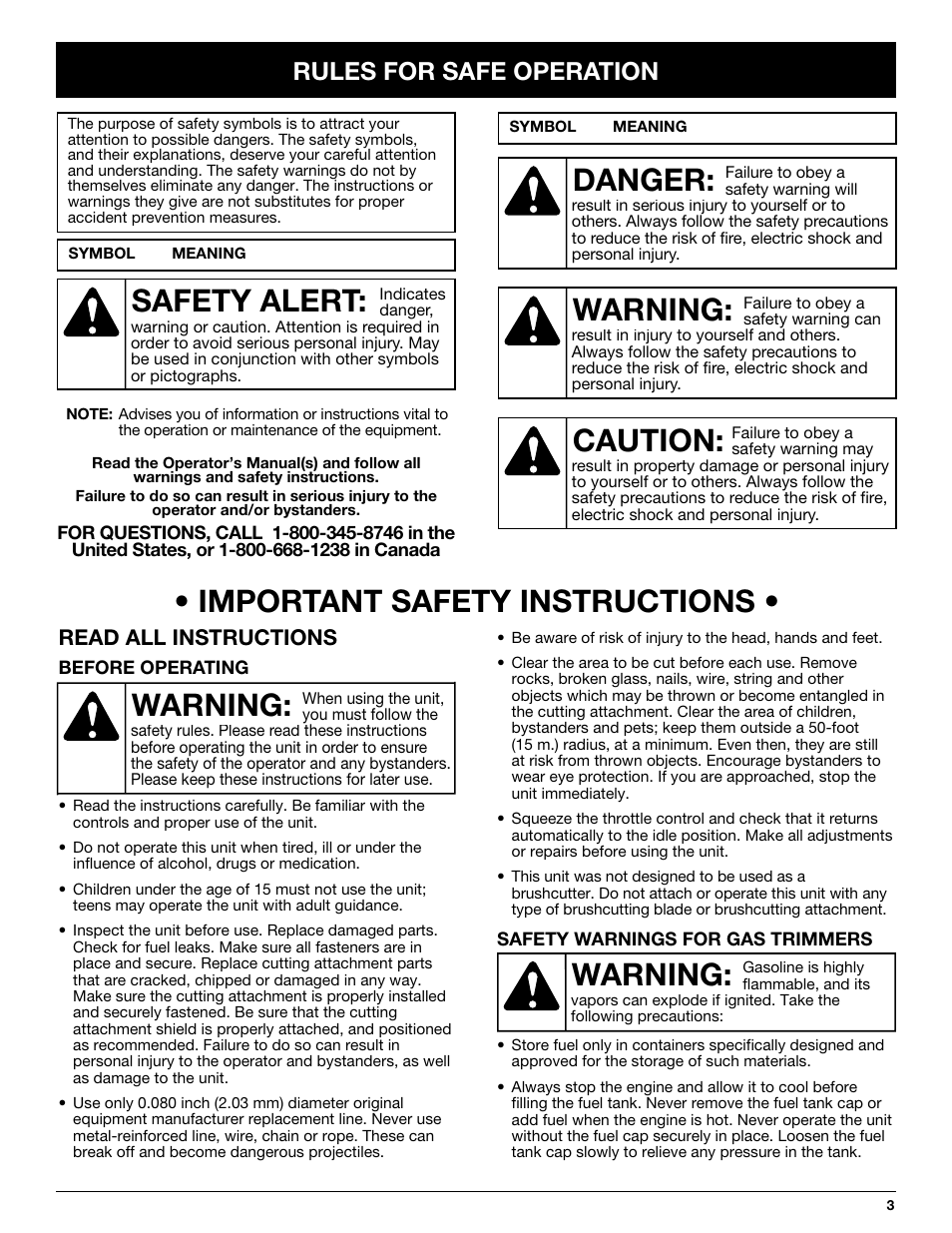 Warning: • important safety instructions, Warning, Danger | Caution, Safety alert, Rules for safe operation | Yard-Man Y765 User Manual | Page 3 / 64