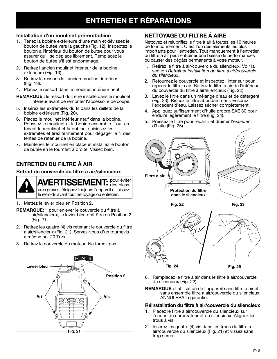Avertissement, Entretien et réparations | Yard-Man Y765 User Manual | Page 33 / 64