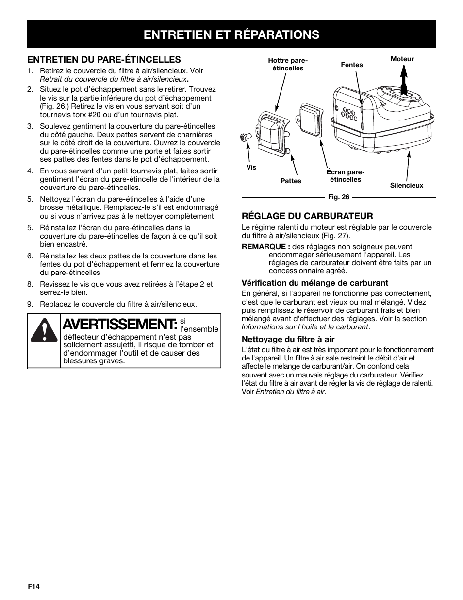 Avertissement, Entretien et réparations | Yard-Man Y765 User Manual | Page 34 / 64