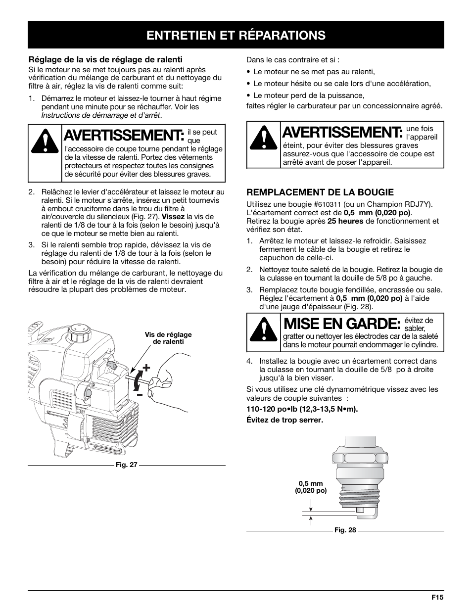 Avertissement, Mise en garde, Entretien et réparations | Yard-Man Y765 User Manual | Page 35 / 64