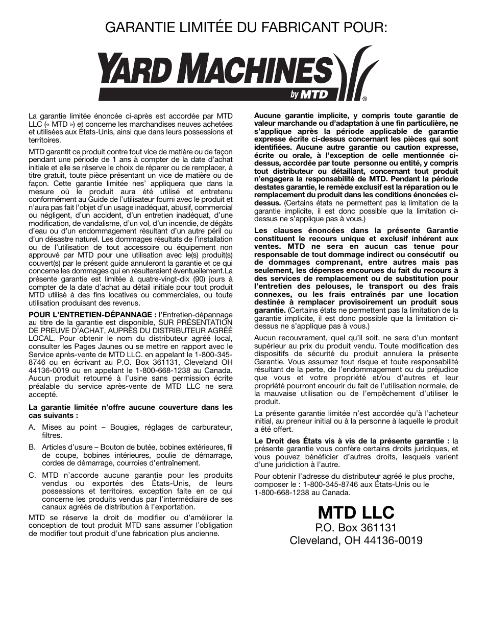 Mtd llc, Garantie limitée du fabricant pour | Yard-Man Y765 User Manual | Page 40 / 64