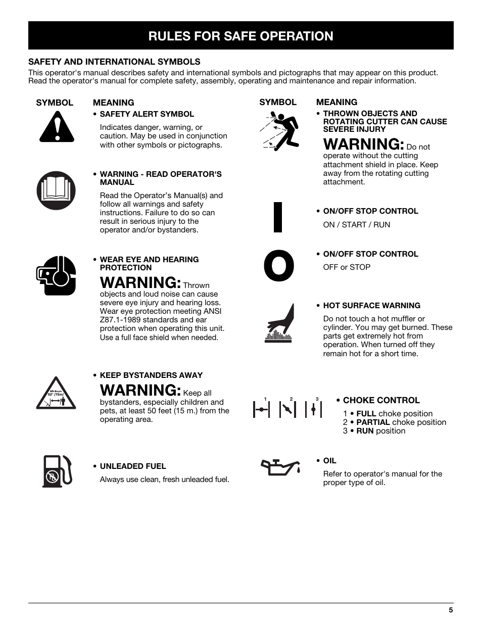 Warning, Rules for safe operation | Yard-Man Y765 User Manual | Page 5 / 64