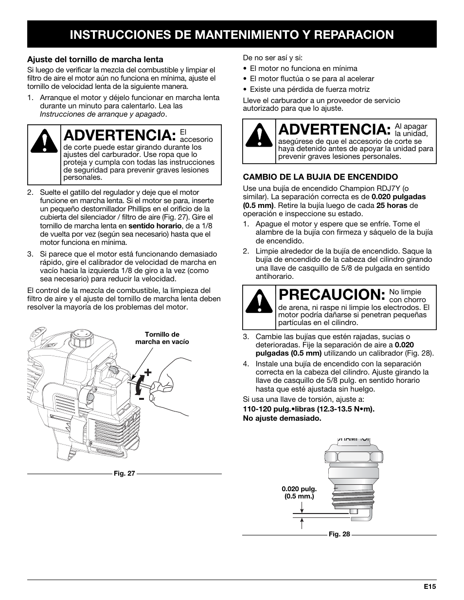 Advertencia, Precaucion, Instrucciones de mantenimiento y reparacion | Yard-Man Y765 User Manual | Page 55 / 64