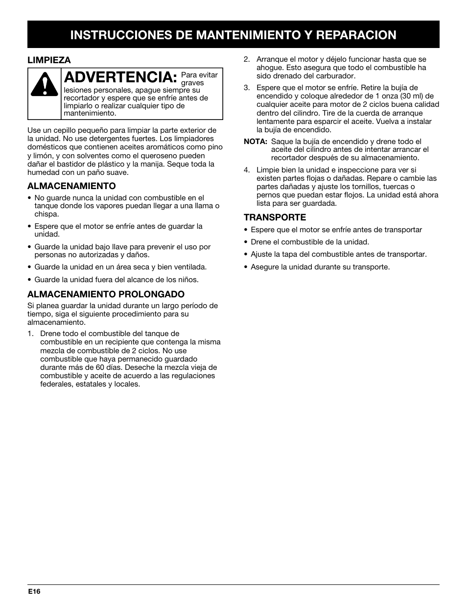 Advertencia, Instrucciones de mantenimiento y reparacion | Yard-Man Y765 User Manual | Page 56 / 64