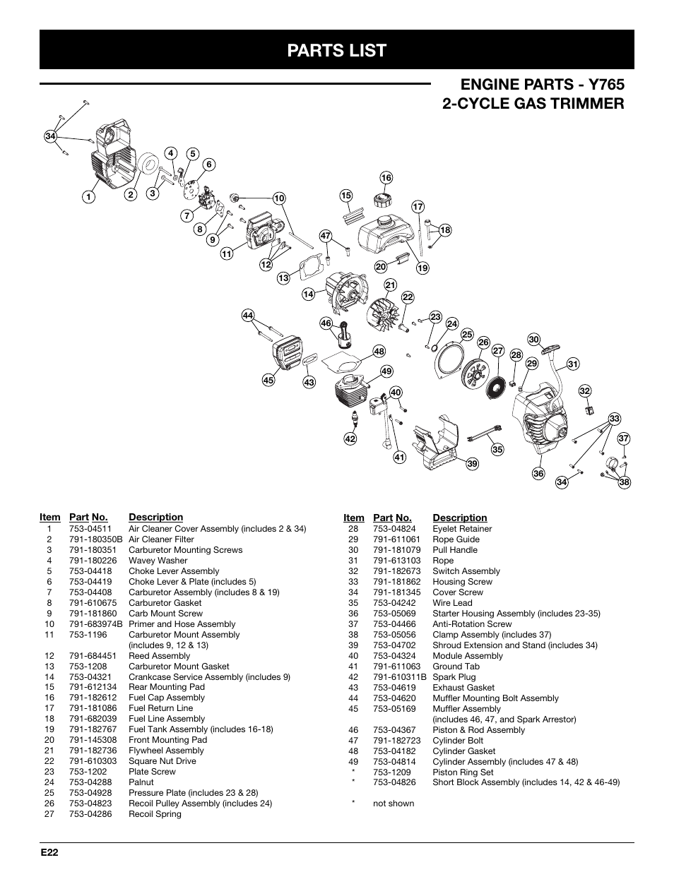 Parts list, Engine parts - y765 2-cycle gas trimmer | Yard-Man Y765 User Manual | Page 62 / 64