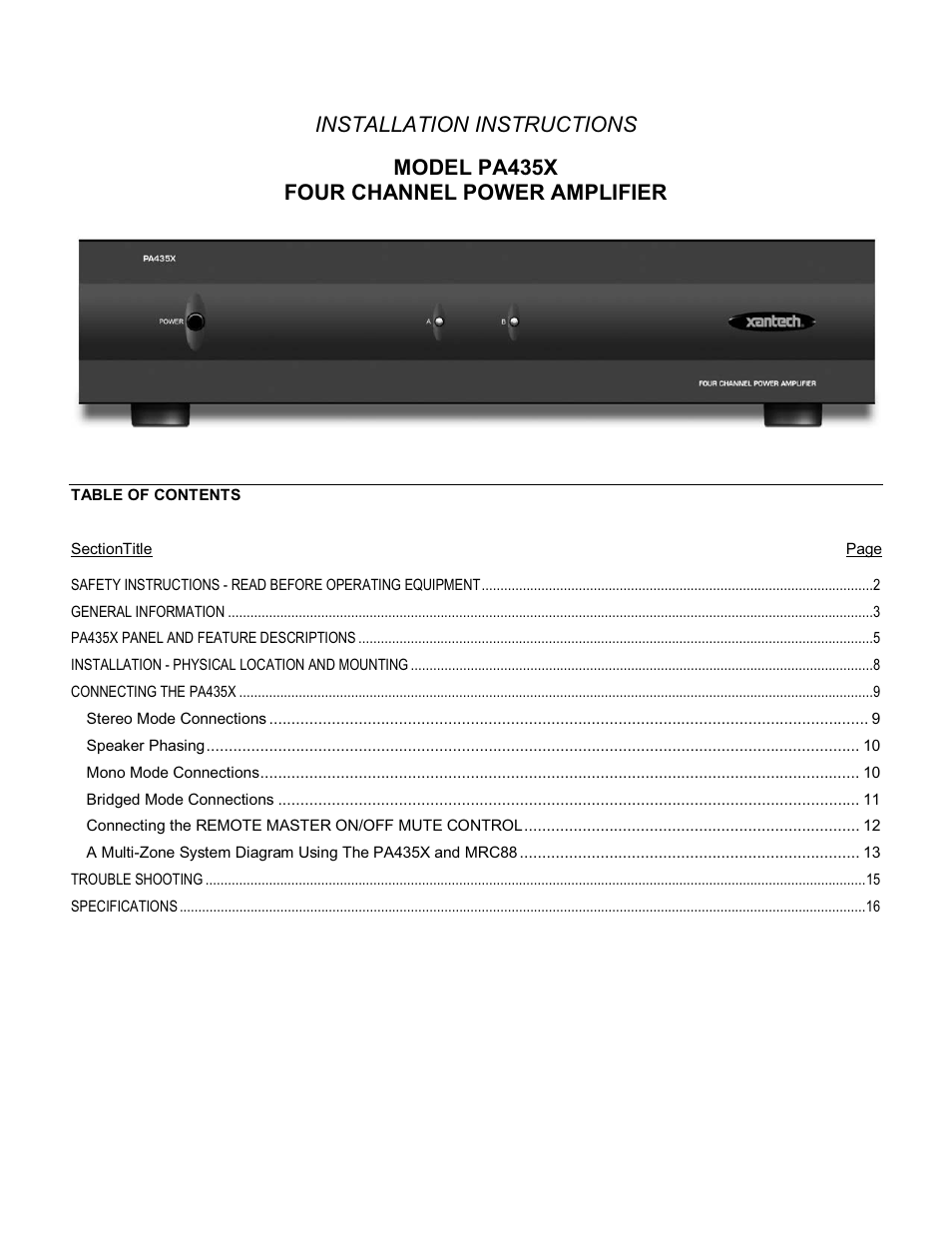 Xantech PA435X User Manual | 20 pages