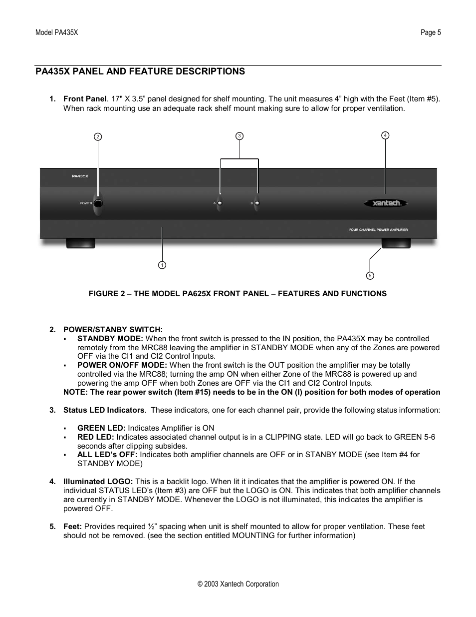 Pa435x panel and feature descriptions | Xantech PA435X User Manual | Page 5 / 20