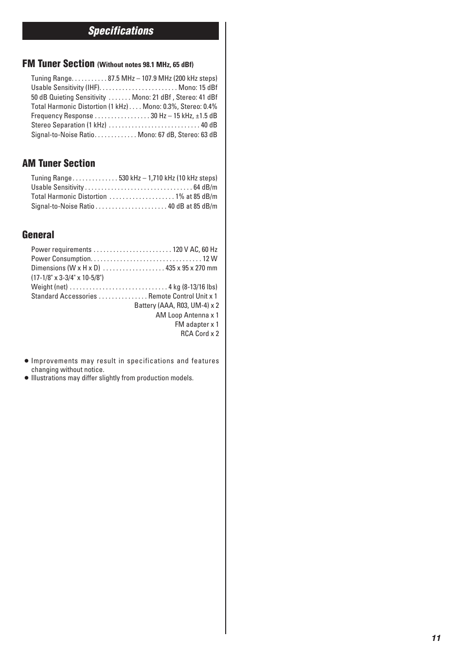 Specifications, General | Xantech AM/FM Radio Tuner User Manual | Page 11 / 13