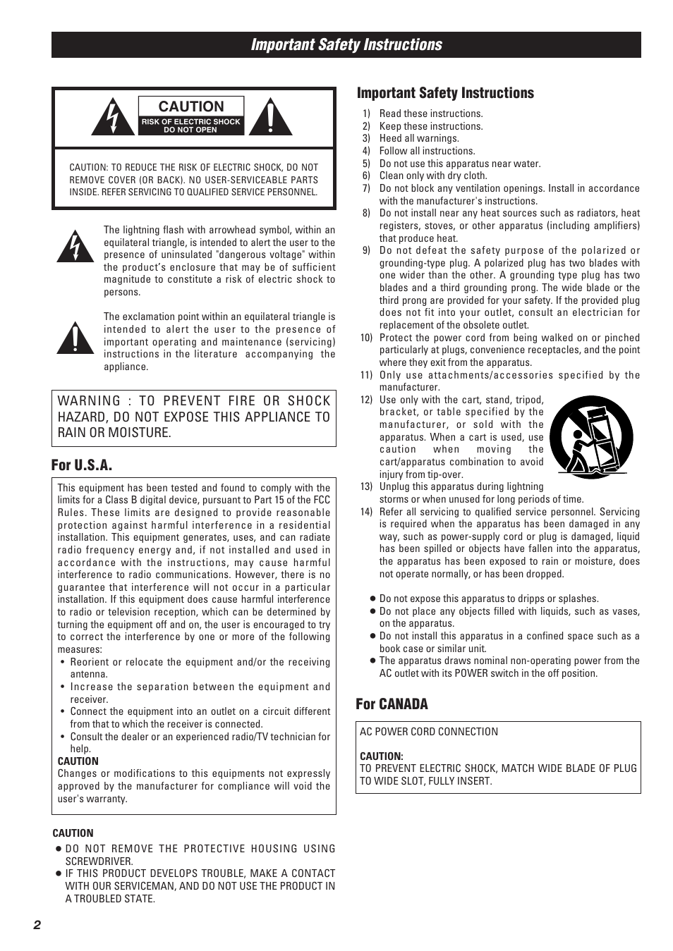 Important safety instructions | Xantech AM/FM Radio Tuner User Manual | Page 2 / 13