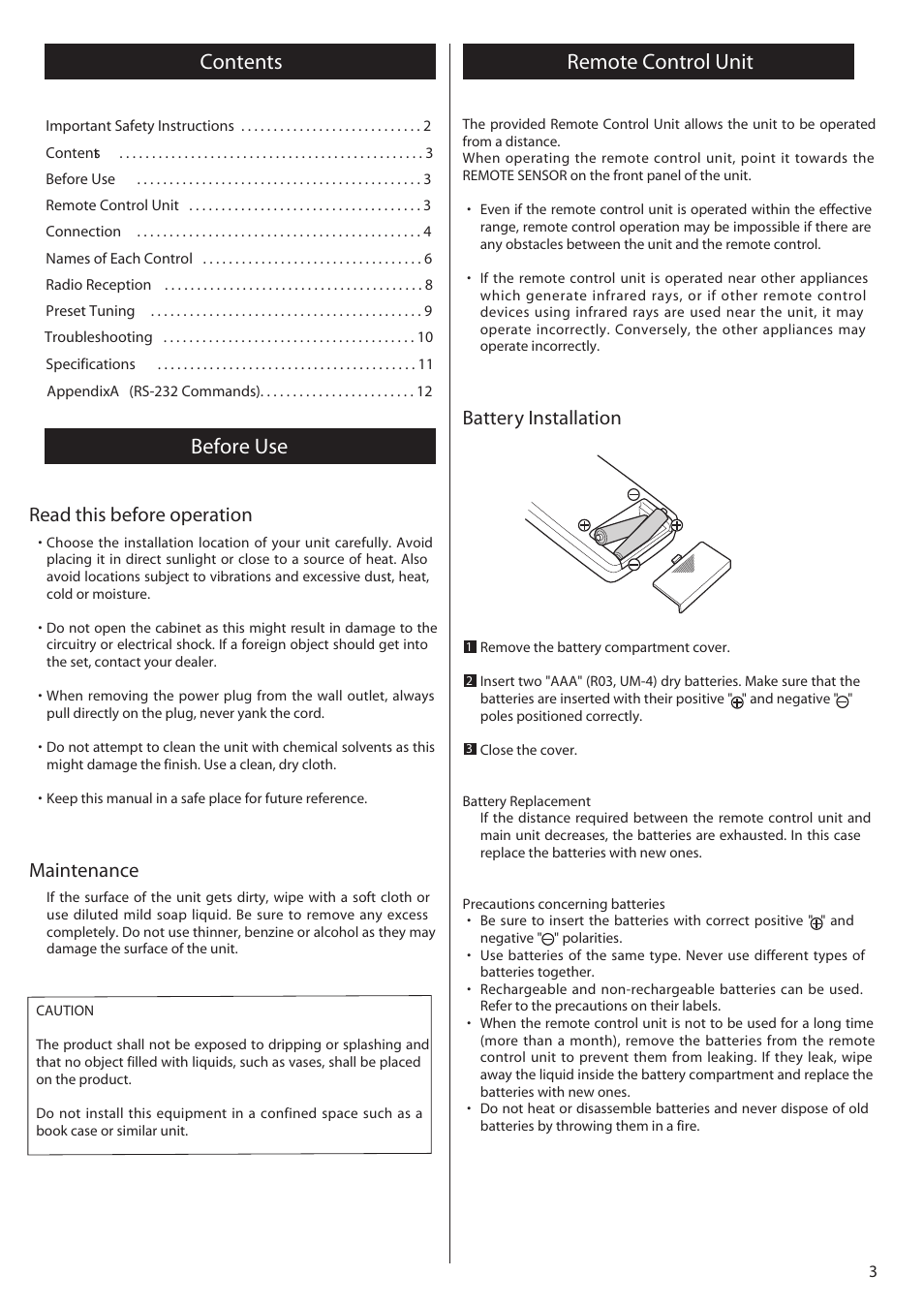 Contents remote control unit, Before use, Read this before operation | Maintenance, Battery installation | Xantech AM/FM Radio Tuner User Manual | Page 3 / 13