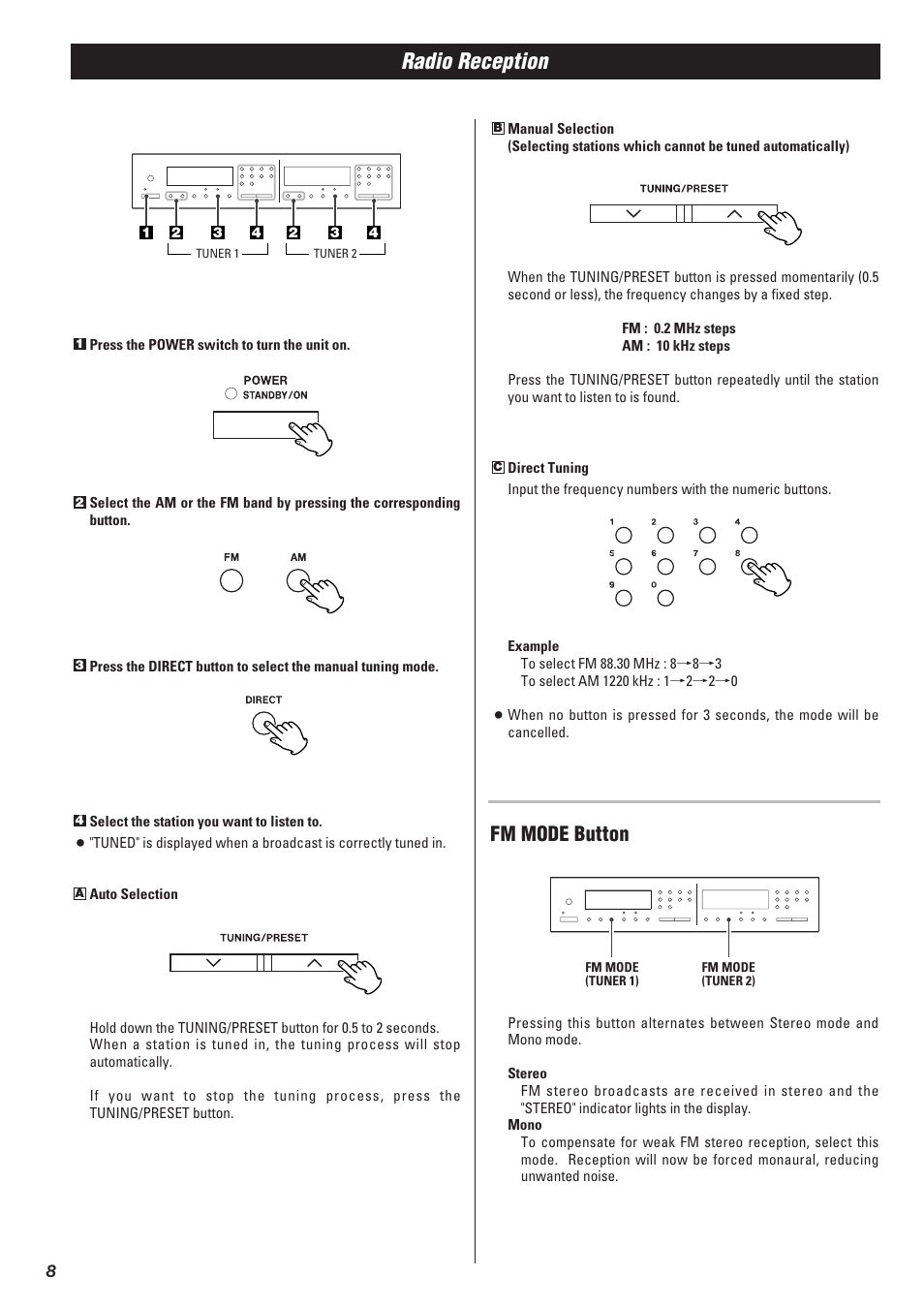 Radio reception, Fm mode button | Xantech AM/FM Radio Tuner User Manual | Page 8 / 13