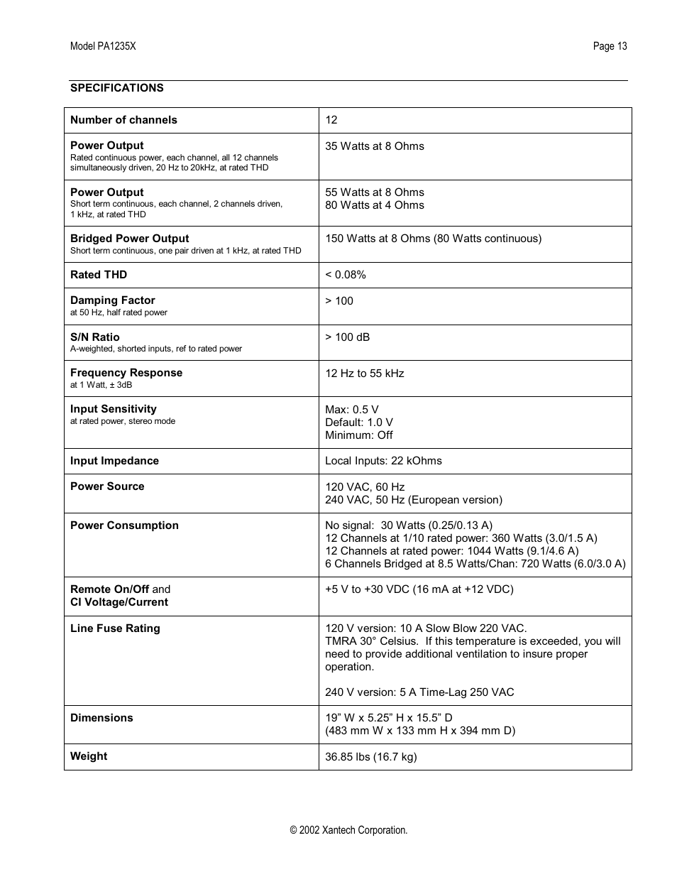 Xantech PA1235X User Manual | Page 13 / 16