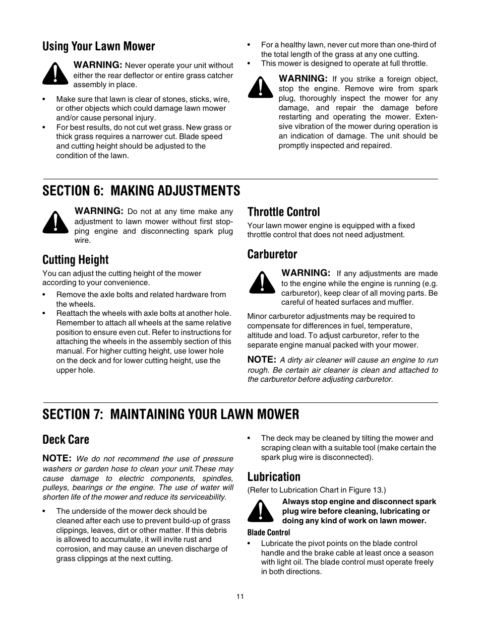 Using your lawn mower, Cutting height, Throttle control | Carburetor, Deck care, Lubrication | Yard Machines series 20 User Manual | Page 11 / 16