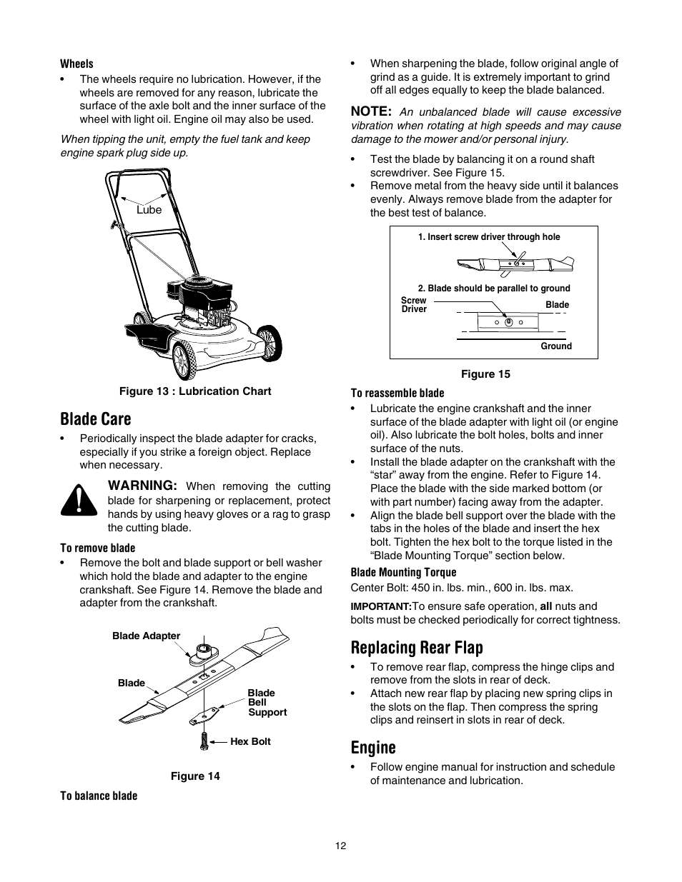 Blade care, Replacing rear flap, Engine | Yard Machines series 20 User Manual | Page 12 / 16