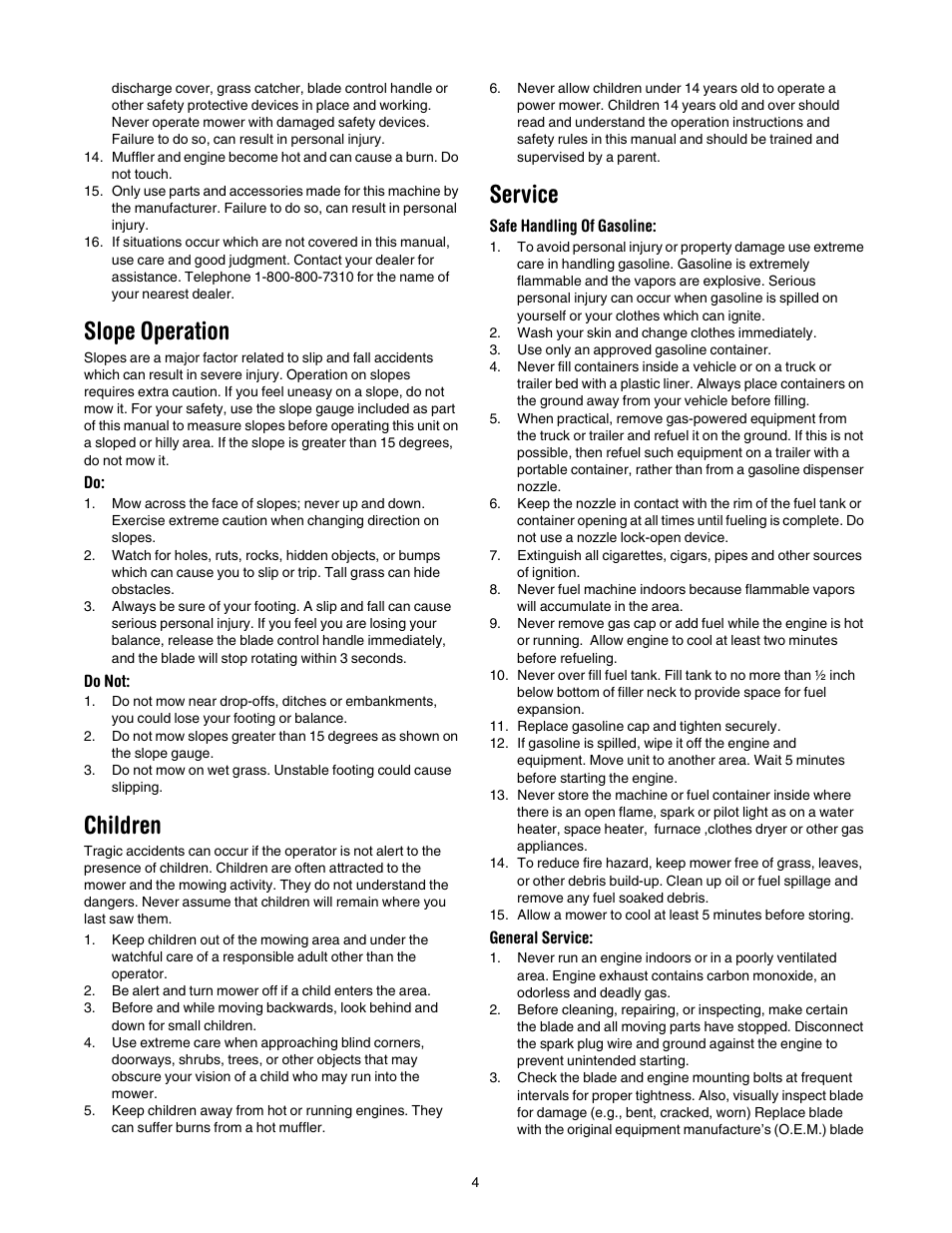 Slope operation, Children, Service | Yard Machines series 20 User Manual | Page 4 / 16
