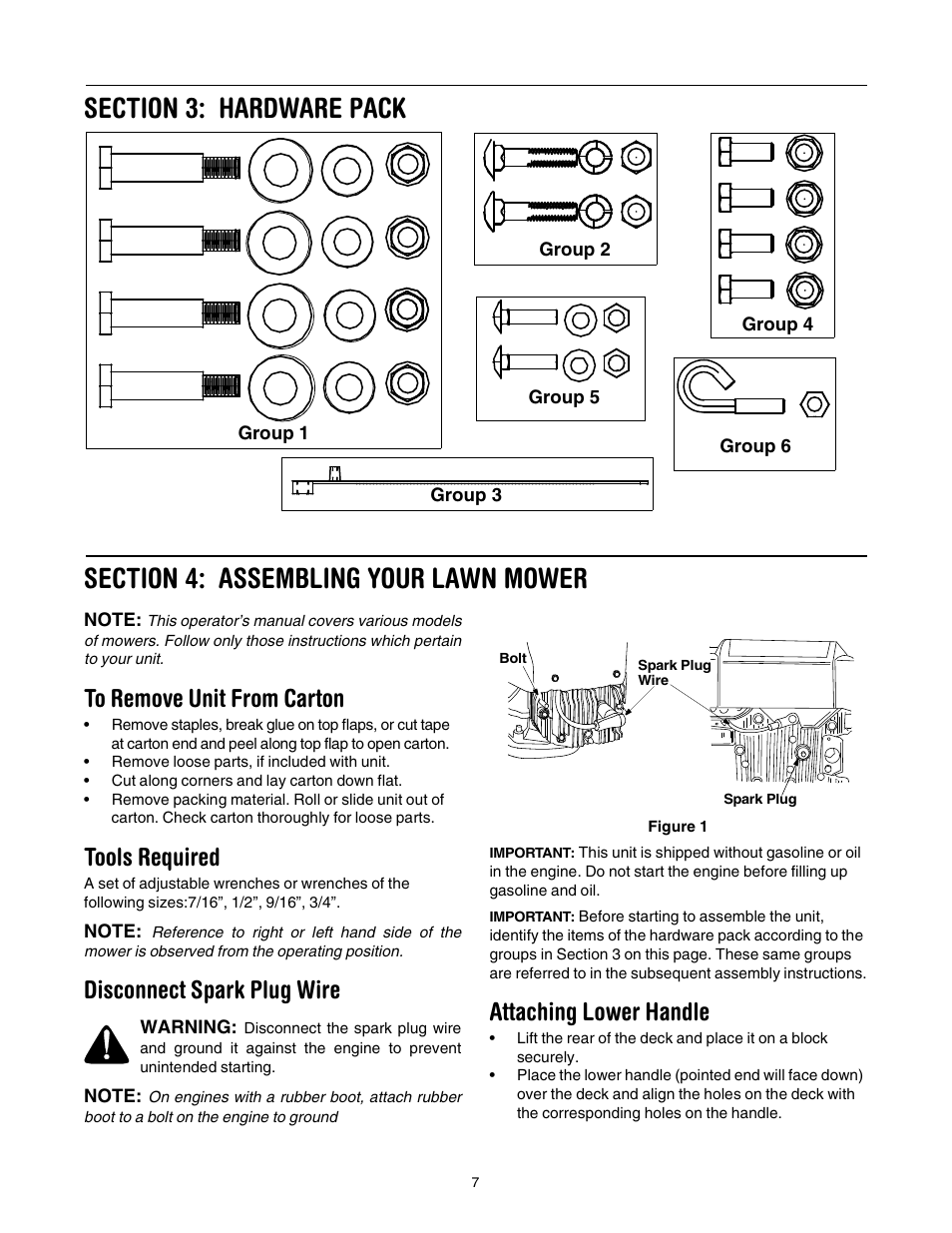 Tools required, Disconnect spark plug wire, Attaching lower handle | Yard Machines series 20 User Manual | Page 7 / 16