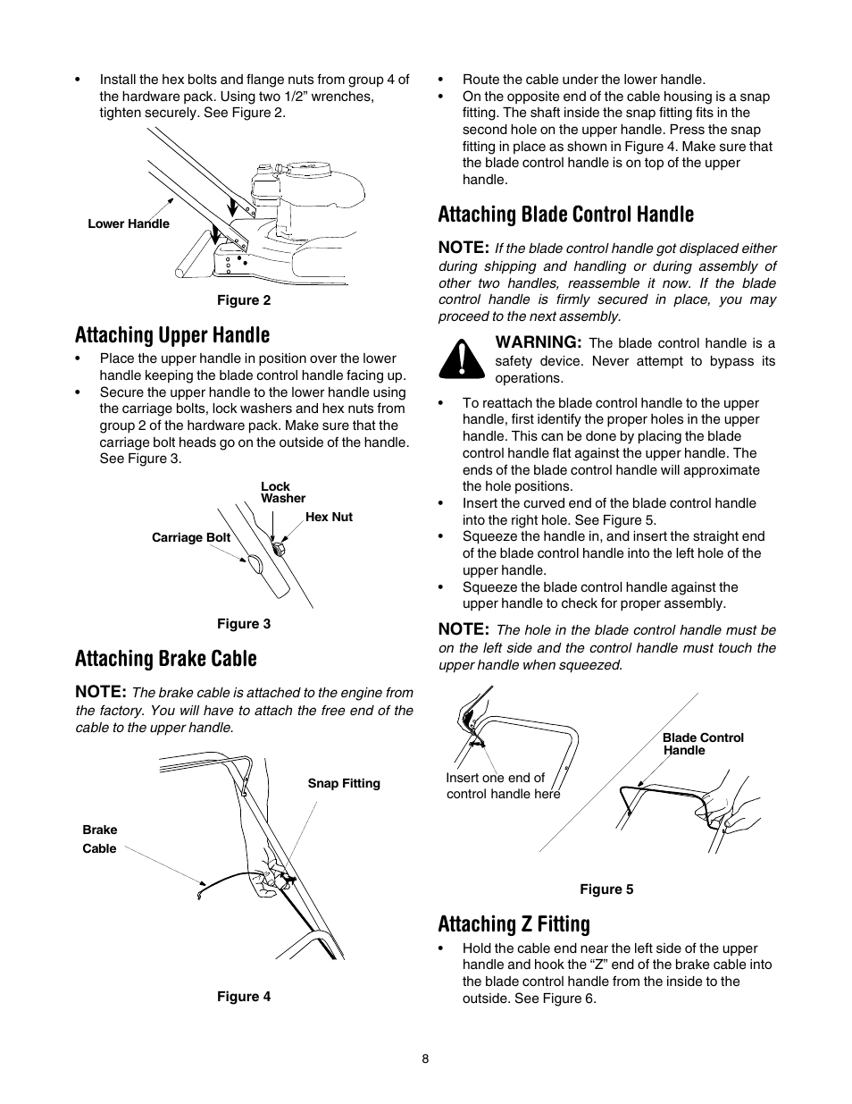 Attaching upper handle, Attaching brake cable, Attaching blade control handle | Attaching z fitting | Yard Machines series 20 User Manual | Page 8 / 16
