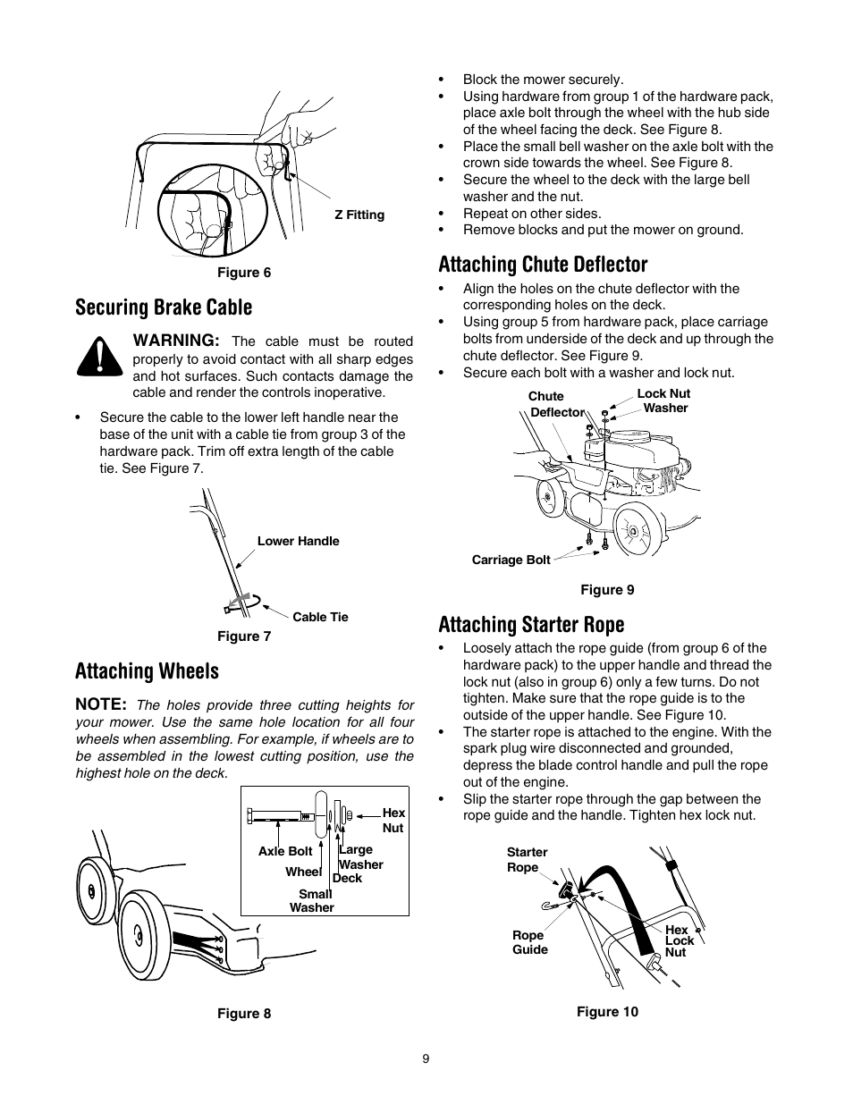 Securing brake cable, Attaching wheels, Attaching chute deflector | Attaching starter rope | Yard Machines series 20 User Manual | Page 9 / 16