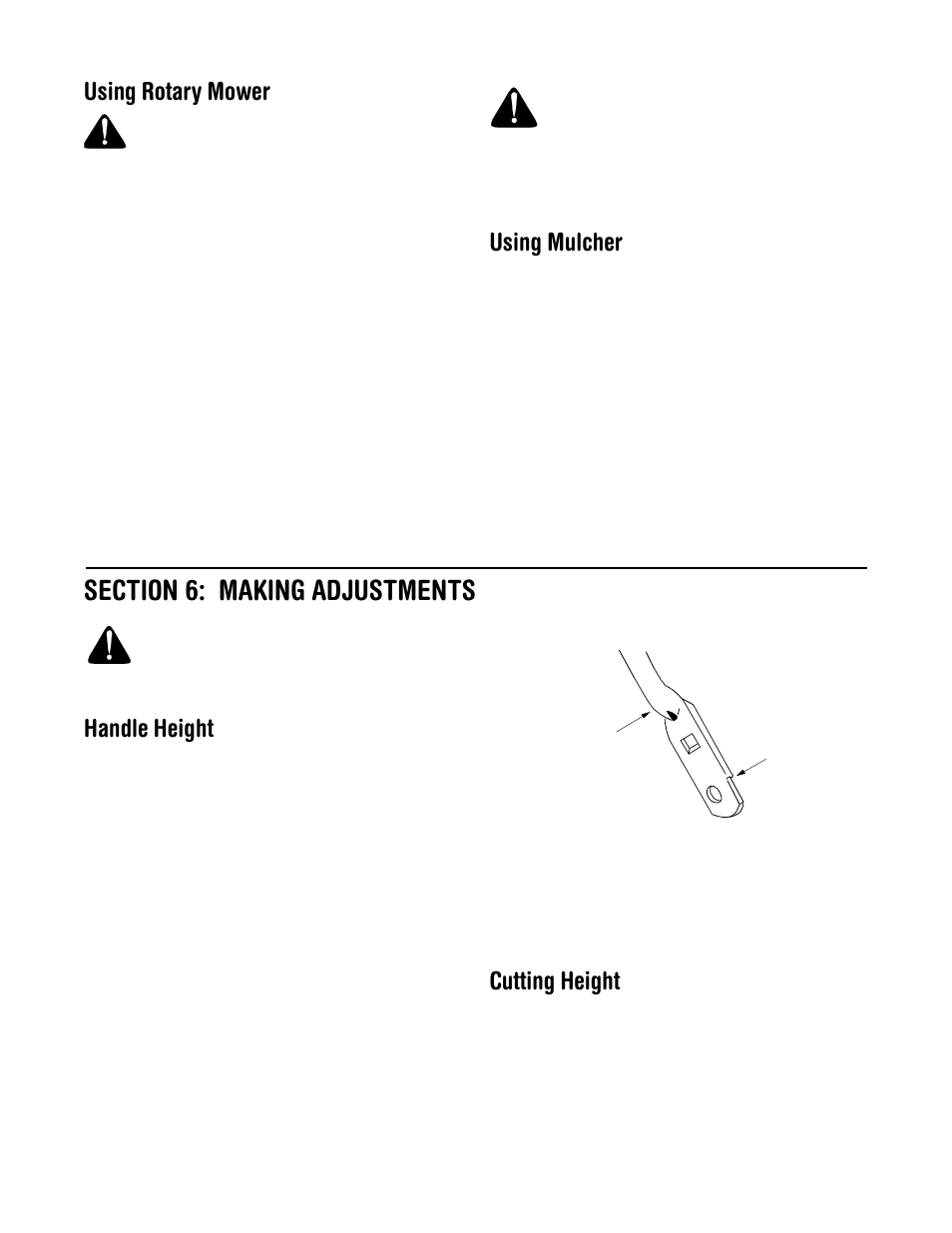 Using rotary mower, Using mulcher, Handle height | Cutting height | Yard Machines 429 User Manual | Page 12 / 20