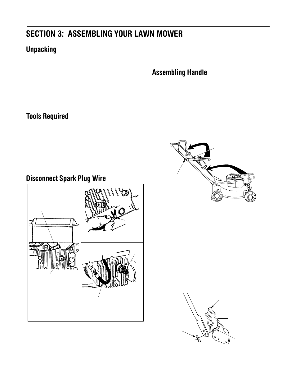 Unpacking, Tools required, Disconnect spark plug wire | Assembling handle | Yard Machines 429 User Manual | Page 7 / 20