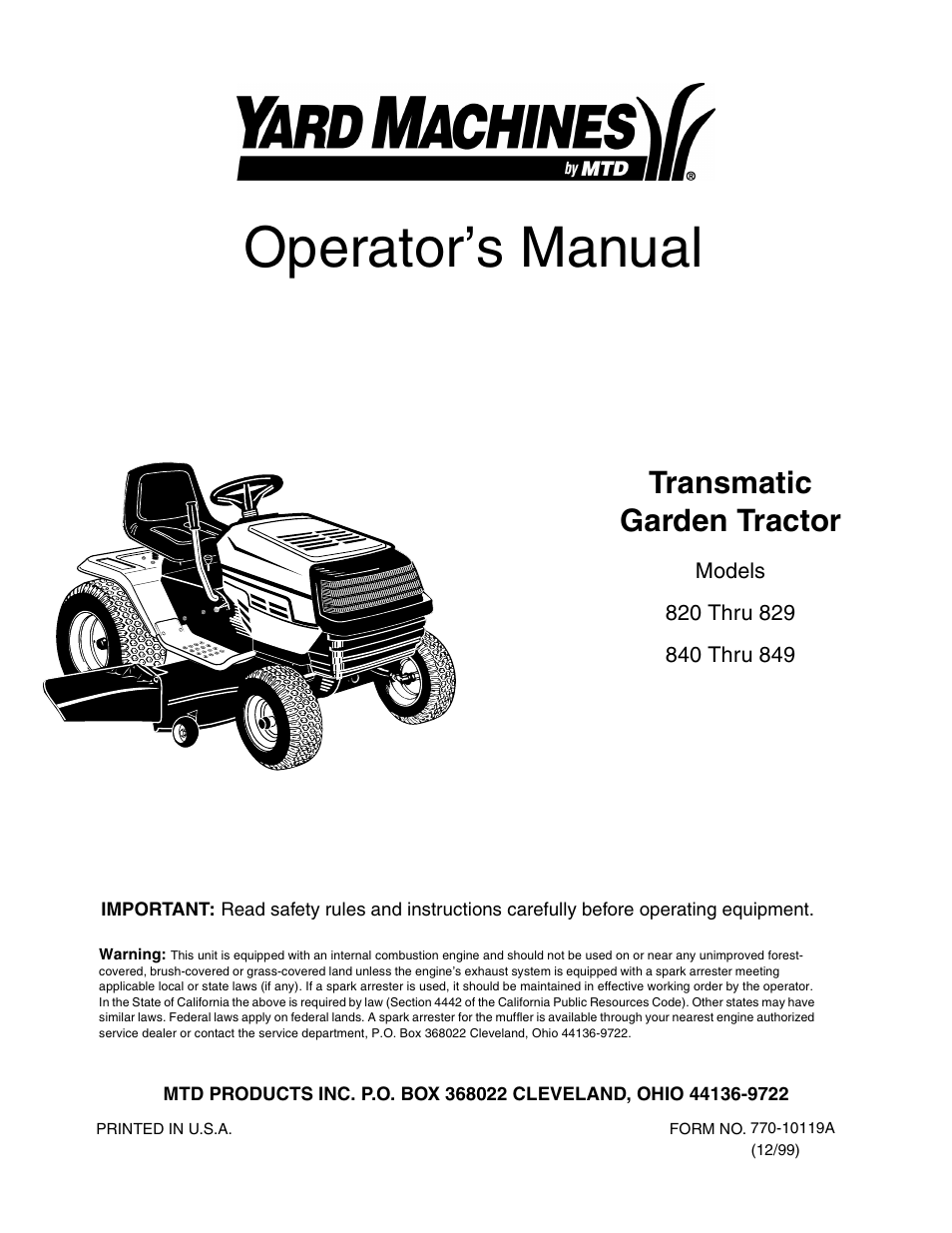 Yard Machines 840 Thru 849 User Manual | 28 pages