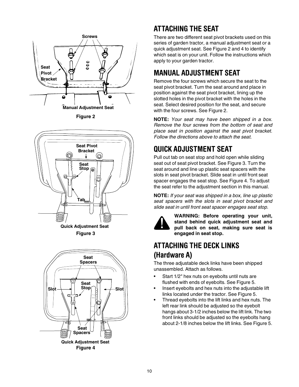 Attaching the seat, Manual adjustment seat, Quick adjustment seat | Attaching the deck links (hardware a) | Yard Machines 840 Thru 849 User Manual | Page 10 / 28